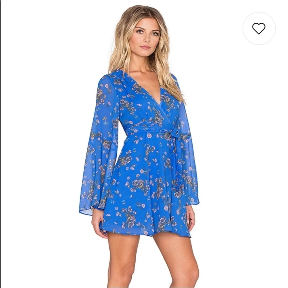 Free People Lilou Blue Floral Long Sleeve Mini Dress Women’s Small Boho Chic